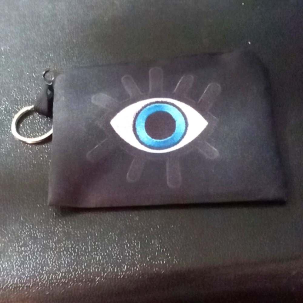 EVIL EYE SATIN CARD HOLDER/COIN PURSE / COSMETICS KEY FOB ZIP TOP SURPRISE INSID